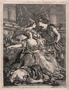 Esther fainting before Ahasuerus. Etching by L.J. Le Lorrain after J.F. de Troy.