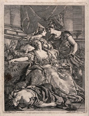 view Esther fainting before Ahasuerus. Etching by L.J. Le Lorrain after J.F. de Troy.