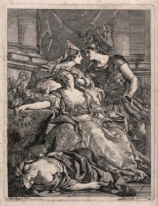 Esther fainting before Ahasuerus. Etching by L.J. Le Lorrain after J.F. de Troy.
