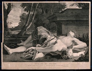 view The suicides of Pyramus and Thisbe: Thisbe and Pyramus lying dead in front of Ninus' tomb, having stabbed themselves with the sword next to them. Line engraving by V. Vangelisti after G. Reni.