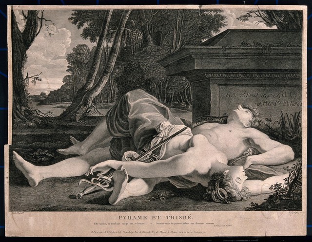 The suicides of Pyramus and Thisbe: Thisbe and Pyramus lying dead in front of Ninus' tomb, having stabbed themselves with the sword next to them. Line engraving by V. Vangelisti after G. Reni.