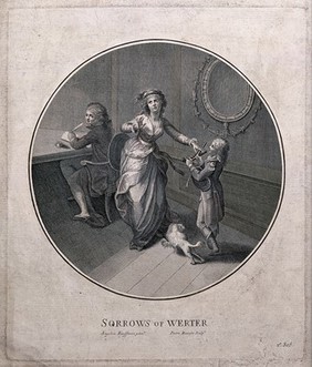 An episode in The sorrows of young Werther, by Goethe: Albert, the husband of Charlotte, asks his wife to comply with Werther's request to lend him his pistols; she hands them to Werther's servant boy, knowing that Werther will shoot himself with them. Line engraving by P. Bonato after J.H. Ramberg.