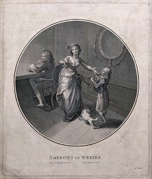 view An episode in The sorrows of young Werther, by Goethe: Albert, the husband of Charlotte, asks his wife to comply with Werther's request to lend him his pistols; she hands them to Werther's servant boy, knowing that Werther will shoot himself with them. Line engraving by P. Bonato after J.H. Ramberg.