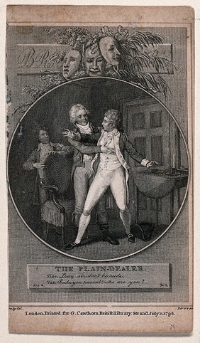 Varnish apprehends Fidelia, disguised as a man, inside his house; a footboy enters to tell him that his coach has arrived. Engraving by Rivers after W.M. Craig.