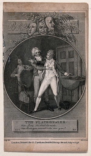 view Varnish apprehends Fidelia, disguised as a man, inside his house; a footboy enters to tell him that his coach has arrived. Engraving by Rivers after W.M. Craig.