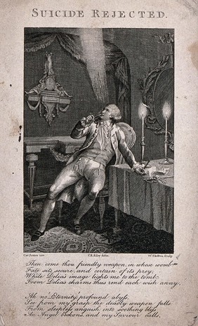 Charles James, seated at his desk with candles burning, contemplating suicide, holds a pistol to his mouth. Engraving by W. Skelton after C.R. Ryley after C. James.