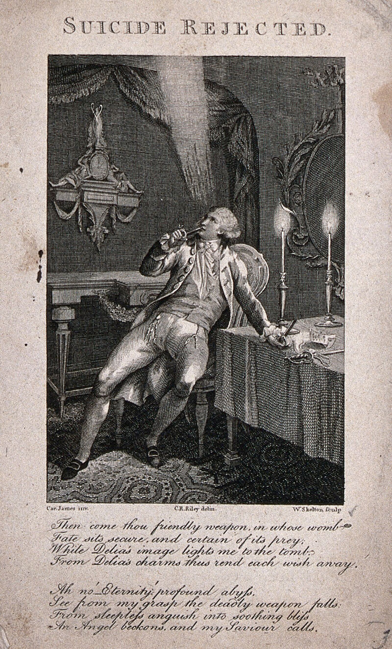 Charles James, seated at his desk with candles burning, contemplating suicide, holds a pistol to his mouth. Engraving by W. Skelton after C.R. Ryley after C. James., 1798, by Charles James