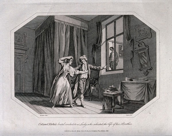Colonel Kirke draws the attention of a distressed young lady to the body of her brother whom he had hanged in an adjoining room. Engraving by F. Deeves after W. Hamilton.