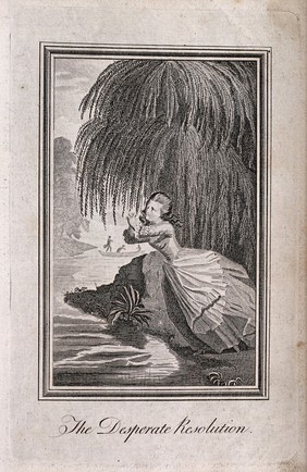 A distressed young lady is sitting near a river, contemplating suicide. Engraving with etching.