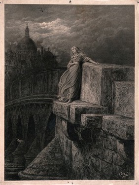 A young distressed woman is standing on the pier of a bridge on the River Thames contemplating suicide. Engraving by T. Godfrey after G. Doré.