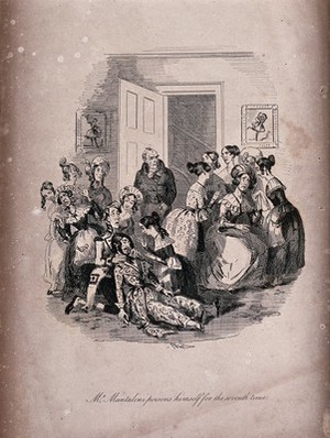 view An episode in Nicholas Nickleby by Charles Dickens: a crowd gathers around Mr Mantalini who has attempted to poison himself. Etching after Phiz (Hablot K. Browne).