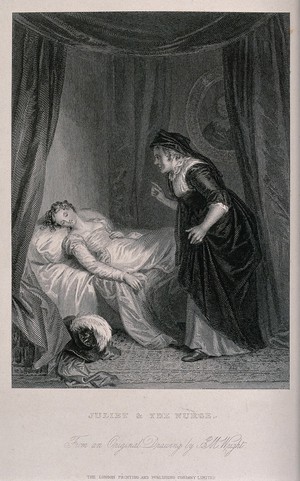 view An episode in Shakespeare's play "Romeo and Juliet": the nurse enters Juliet's bedroom to awaken her, but finds her apparently dead. Line engraving by E. Smith after J.M. Wright.