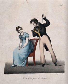 A young man holding a dagger threatens to kill himself while a young lady sitting on a chair next to him smiles at him, not taking his threat seriously. Coloured lithograph by J.G. Scheffer.