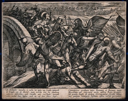 A battle between Romans and the Germans at Trier: the Germans are returning on a bridge over the river Moselle after having attacked the camp of the Romans, when the Romans counterattack. Etching by A. Tempesta after O. van Veen, 1612.