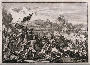 view The battle of Wittstock, 1636: the Swedish army and its allies fighting against the forces of Saxony and the Empire. Etching by Caspar Luyken, 1698.