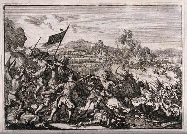 The battle of Wittstock, 1636: the Swedish army and its allies fighting against the forces of Saxony and the Empire. Etching by Caspar Luyken, 1698.