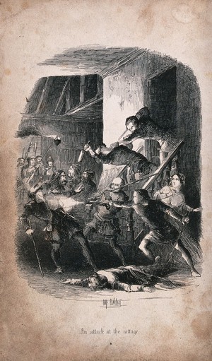 view An episode in the novel Old London Bridge by G.H. Rodwell: an attack by robbers on a cottage on Putney Heath, London, is resisted with gunfire by two of the occupants, Edward Osborne and The Cripple of the Bridge. Etching by A. Ashley, 1848.