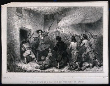 A general leading French troops into a cottage in Genoa after having set fire to other cottages. Steel engraving by V.F. Pollet after T. Johannot.