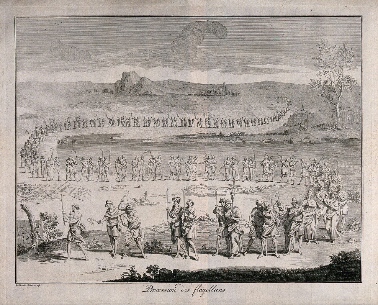 A procession of flagellants. Engraving by François Morellon de la Cave., 1737, by François Morellon de La Cave