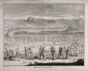 view A procession of flagellants. Engraving by François Morellon de la Cave.