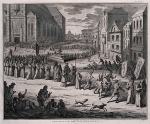 view A Christian procession carrying a canopy and a statue of the Virgin Mary through a town, including flagellants. Etching by P. Tanje, 1743.