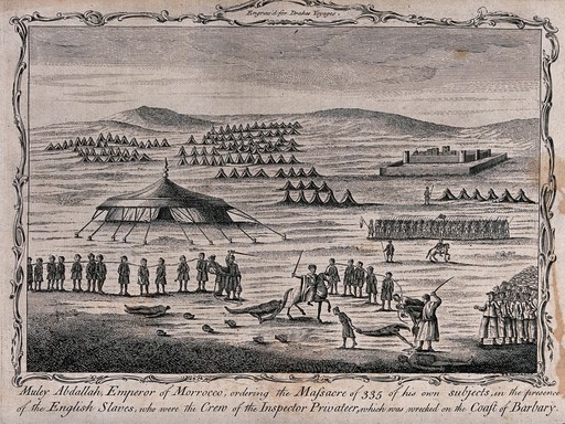 Massacre of 335 Moroccans by their Emperor Muley Abdallah: a group of men shackled by chains to each others necks are beheaded outside the Emperor's tent in the presence of English slaves. Etching by T. Reynolds.
