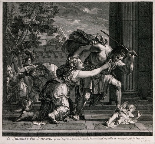 Massacre of the innocents: a woman kneels and pleads with a Roman soldier not to kill the infanft he is holding down with his foot. Lin engraving by J. Codeman after a painting by C. Spierre.