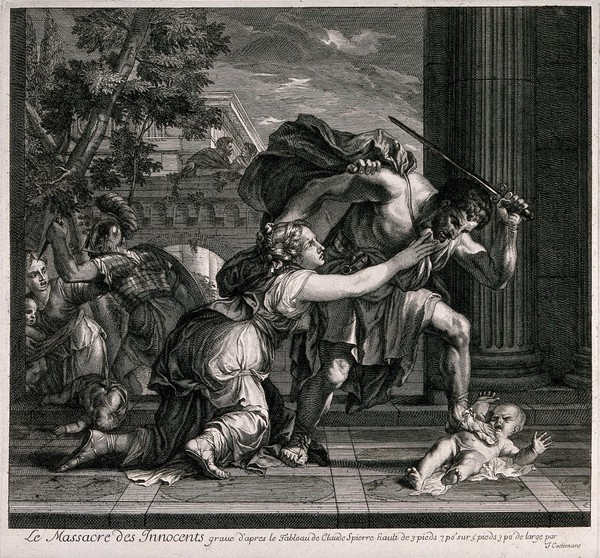 Massacre of the innocents: a woman kneels and pleads with a Roman soldier not to kill the infant he is holding down with his foot. Line engraving by J. Coelemans after C. Spierre.