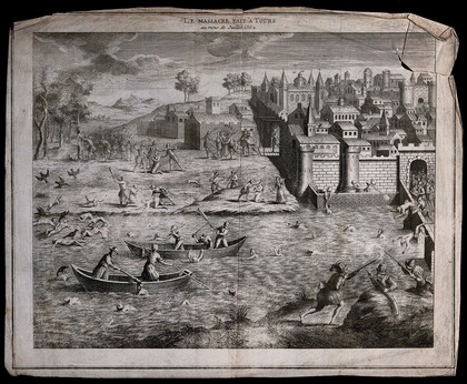 The massacre of Huguenots at Tours: men and women are shot, slaughtered with swords or clubbed to death in the water by soldiers. Etching.