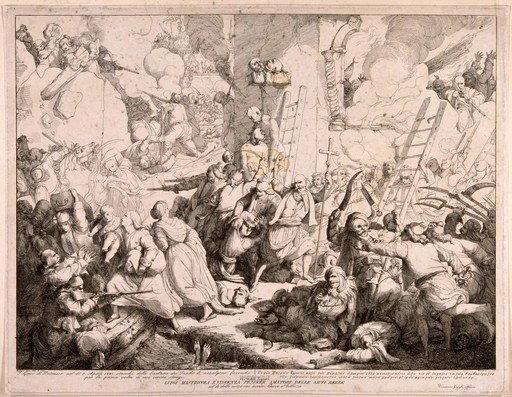 The massacre of the Greeks by the Turks in Patrasso: Greek women, men and children are shot, hung, beheaded or dismembered as they try to flee by boat. Engraving by V. Gajassi after a painting by L. Mastricola and V. Pfyffer.