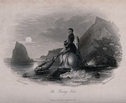 A drowning man and his horse in the sea: the drowning man holds on to the tailcoat of another rider until it tears and forces him to fall back into the water. Etching with engraving by W. Floyd after T. Allom.