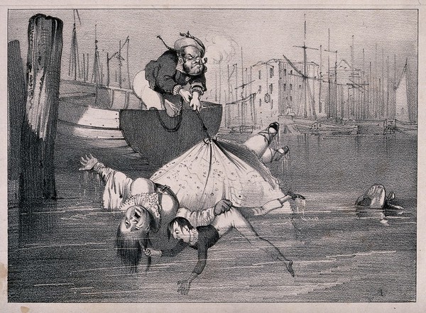 A sailor saving a large lady and a slim gentleman from drowning by pulling the lady into the boat by hooking up her dress. Lithograph.