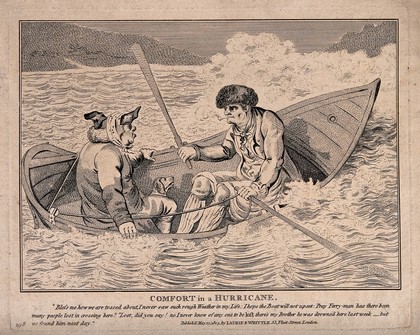 Two men in a ferry on a stormy crossing: a passenger and the ferryman discuss at cross purposes the danger of drowning. Etching, 1803.