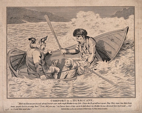 Two men in a ferry on a stormy crossing: a passenger and the ferryman discuss at cross purposes the danger of drowning. Etching, 1803.