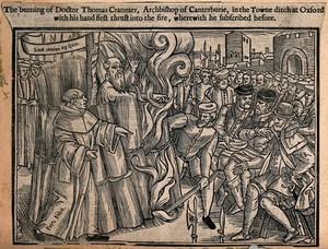 view The death of Thomas Cranmer at the stake, burned for heresy in 1556. Woodcut.