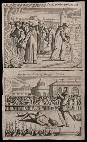 The scattering of the ashes of John Wycliffe's bones after his body had been exhumed and his bones burnt 41 years after his death. Etching.