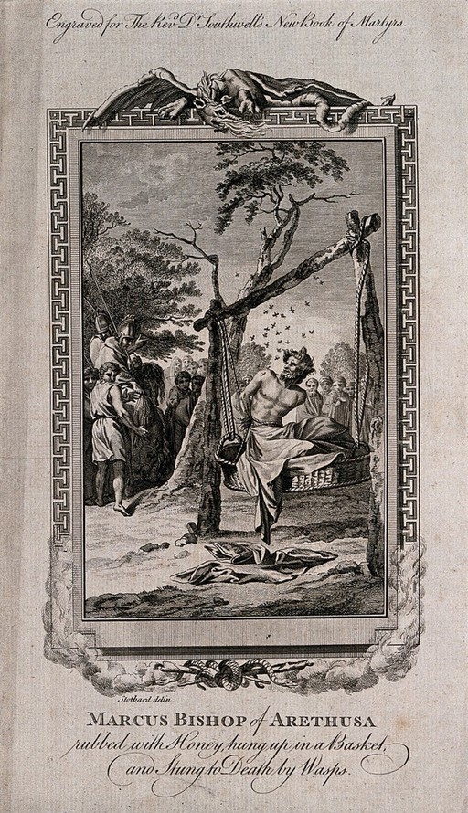 The martyrdom of Marcus, Bishop of Arethusa: Marcus is sitting in a wicker basket, suspended from a frame, with his hands tied to his back and rubbed in honey left to be stung to death by wasps. Etching by T. Stothard.