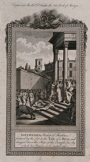 The martyrdom of Saturninus, Bishop of Toulouse: Saturninus is stripped to the waist, fastened with his feet to the tail of a bull and dragged down the stairs of a temple. Etching.