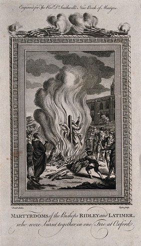 The martyrdoms of the Bishops Ridley and Latimer: both men are stripped to the waist, tied together to a stake and burnt alive. Etching by Taylor after D. Dodd.