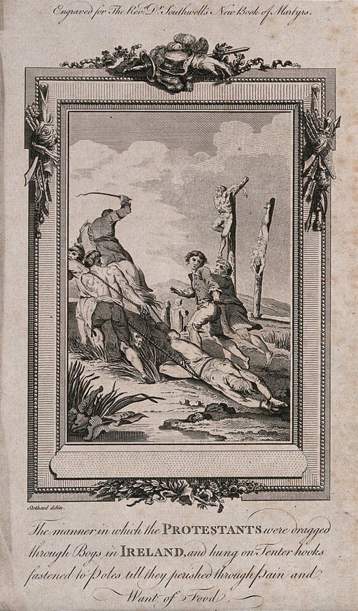 The martyrdom of the Irish Protestants: the Protestants are dragged naked through the bogs, hung on tenter hooks, tied to poles and left to die. Etching by T. Stothard.