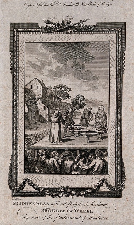 The martyrdom of the Irish Protestants: the Protestants are dragged naked through the bogs, hung on tenter hooks, tied to poles and left to die. Etching by T. Stothard.