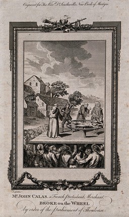 The martyrdom of the French Protestant merchant John Calas: tied to a wheel with his arms and legs spread he is beaten to death in the presence of a priest and with a crowd looking on. Etching after D. Dodd.