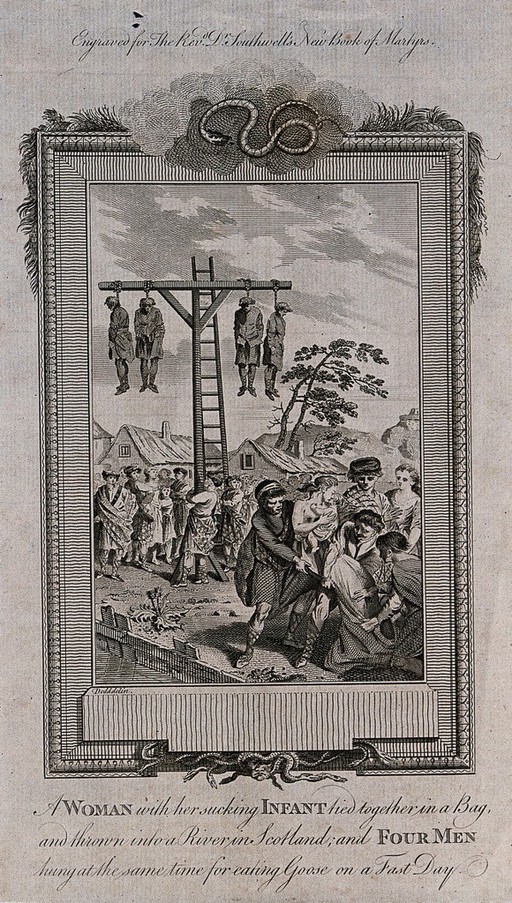 The martyrdom of Scottish people who ignored a religious observance: four men are hanging together on a scaffold while a group of people is trying to force a naked woman with an infant to climb into a sack for the purpose of being thrown into the river and drowned. Etching by Dodd.