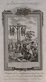 The martyrdom of Scottish people who ignored a religious observance: four men are hanging together on a scaffold while a group of people is trying to force a naked woman with an infant to climb into a sack for the purpose of being thrown into the river and drowned. Etching after D. Dodd.