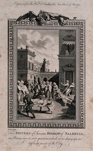 view The martyrdom of two sisters of Simeon, Bishop of Salencia: Two women, stripped to the waist are shackled to wooden boards and sawn in quarters in a marketplace. Etching after D. Dodd.