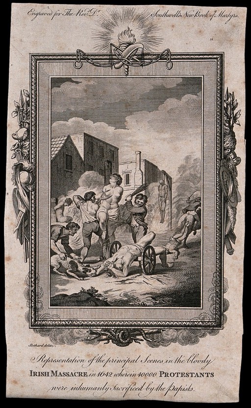 The Irish Massacre in 1642: men are being hanged, beaten and dragged by their feet behind horses while a woman has her nipples cut off with large scissors. Etching by Stothard.
