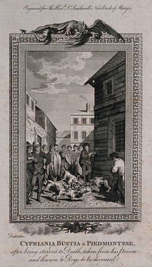 view The martyrdom of Cypriania Bustia: Cypriania lies emaciated and dead in a marketplace, his stomach being devoured by hungry dogs. Etching after D. Dodd.