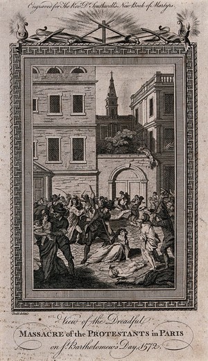 view The St Bartholomew's Eve Massacre: men, women and children are thrown out of windows or slaughtered with swords and pikes on the streets of Paris in 1572. Engraving after D. Dodd, 1765.