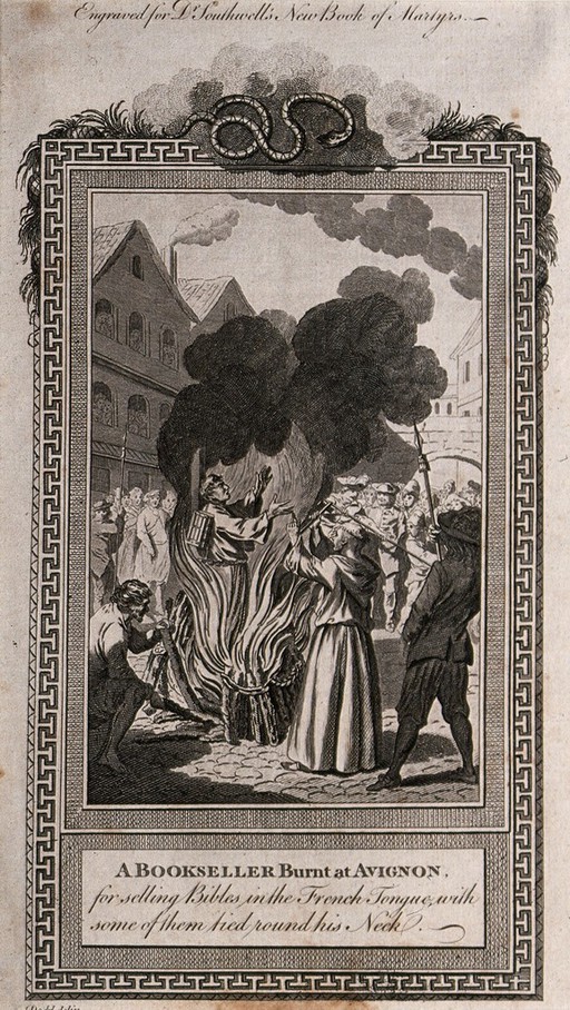 Martyrdom of a French bookseller in Avignon: tied to the stake with books bound around his neck a man raises his hands toward heaven while a priest attends to him and a man stokes the fire of the pyre. Etching by Dodd.