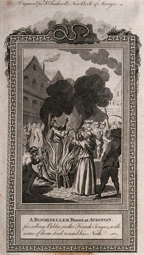 Martyrdom of a French bookseller in Avignon: tied to the stake with books bound around his neck a man raises his hands toward heaven while a priest attends to him and a man stokes the fire of the pyre. Etching after D. Dodd, 1765.